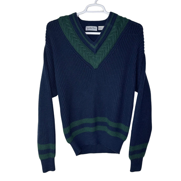 VTG Jonathan Chase Sweater Womens Large Blue Green V Neck Chunky Preppy Tennis - Picture 1 of 3